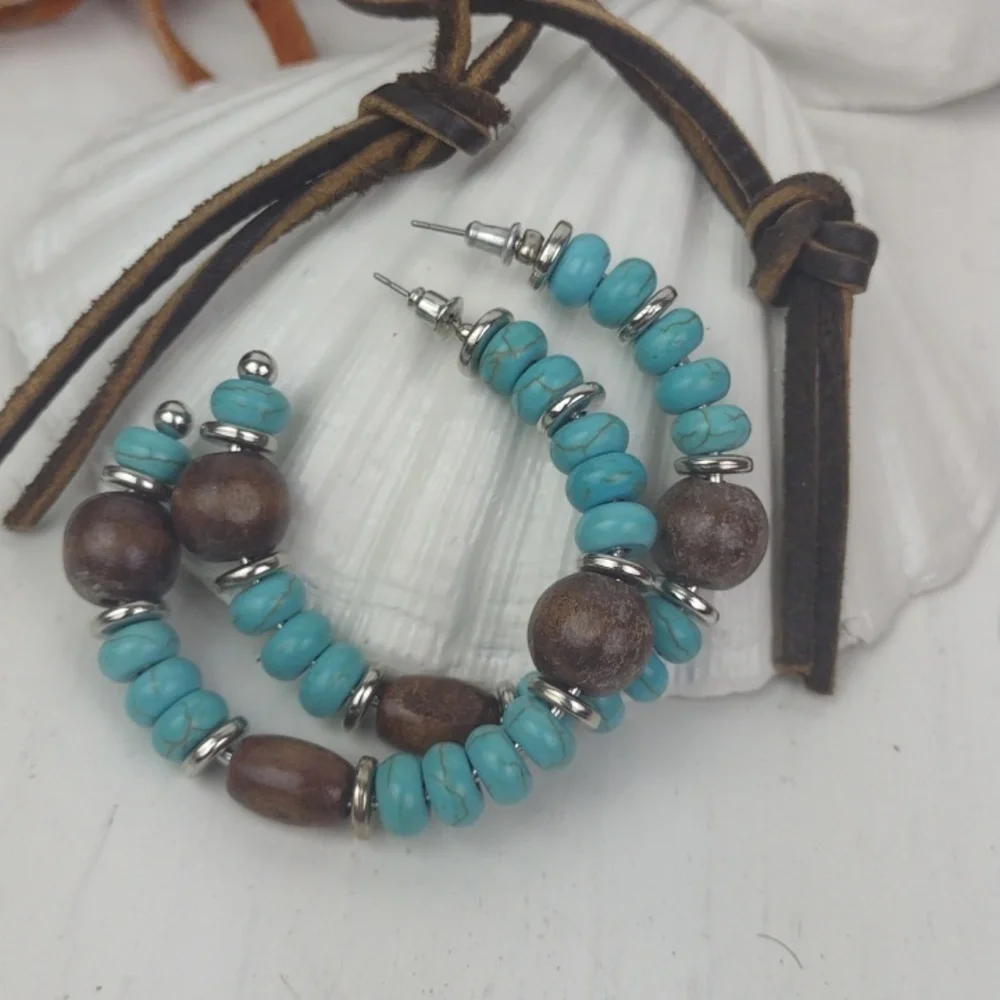 Turquoise Dark Wood & Silver Tone:Beaded Gorgeous Boho Hoop Earrings